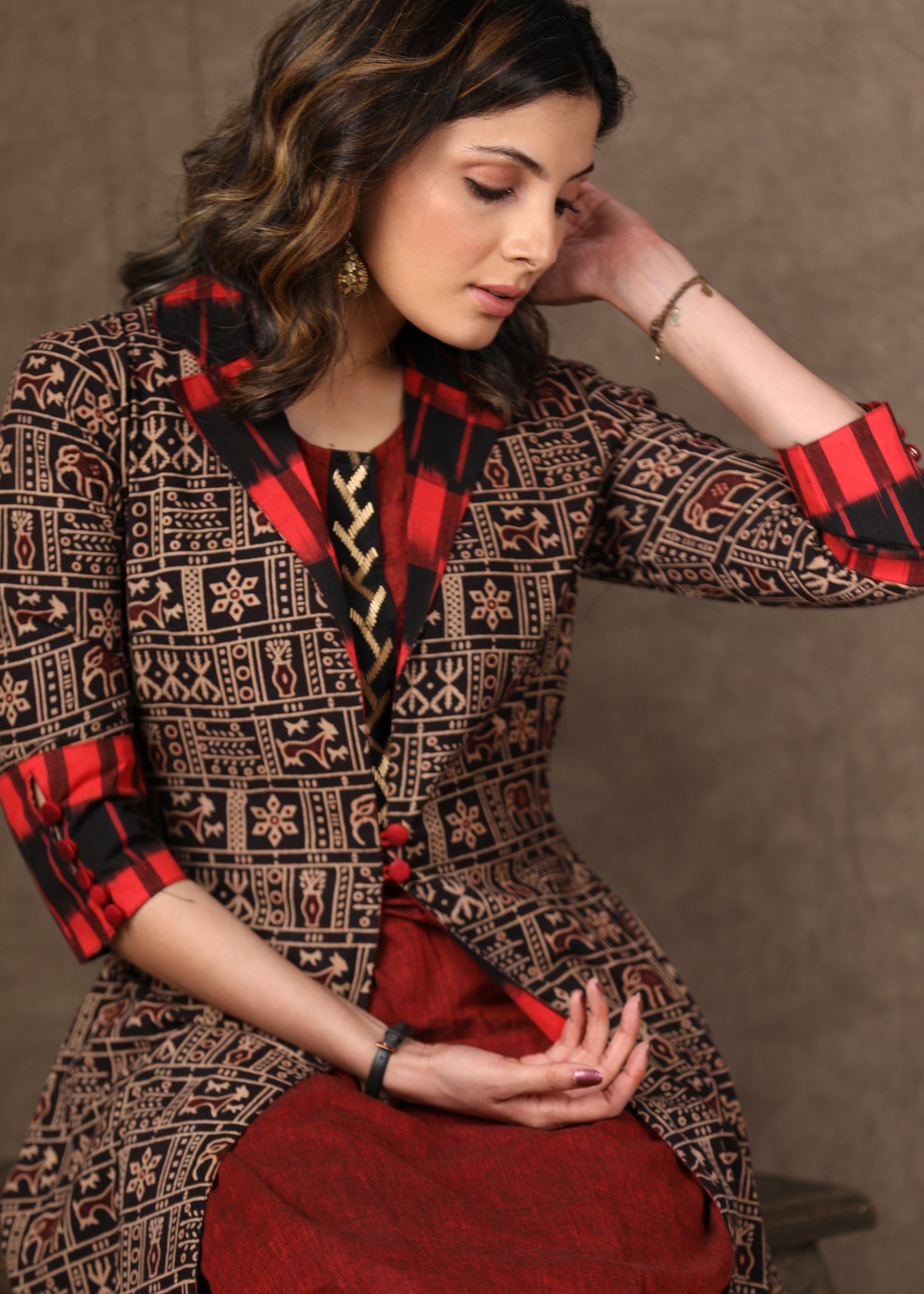Black Ajrakh Jacket Style Kurta with Maroon Cotton Kurta with Antique Gold Hand Embroidery -2 Piece (Jacket + Inner) Pants Additional