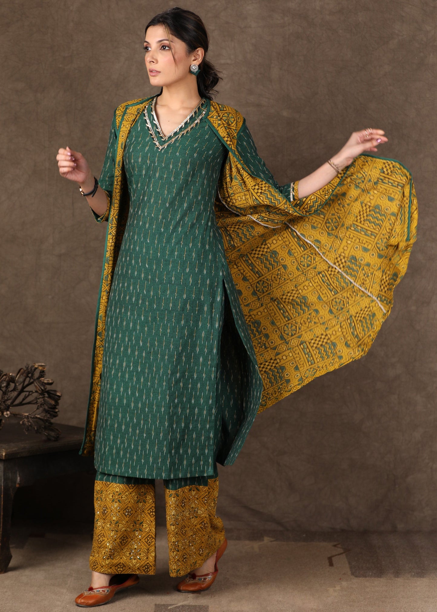 Green Ikat Kurta with Gota Patti Work, Matching Palazzo With Stone Work & Long Ajrakh Shrug- 3 Piece