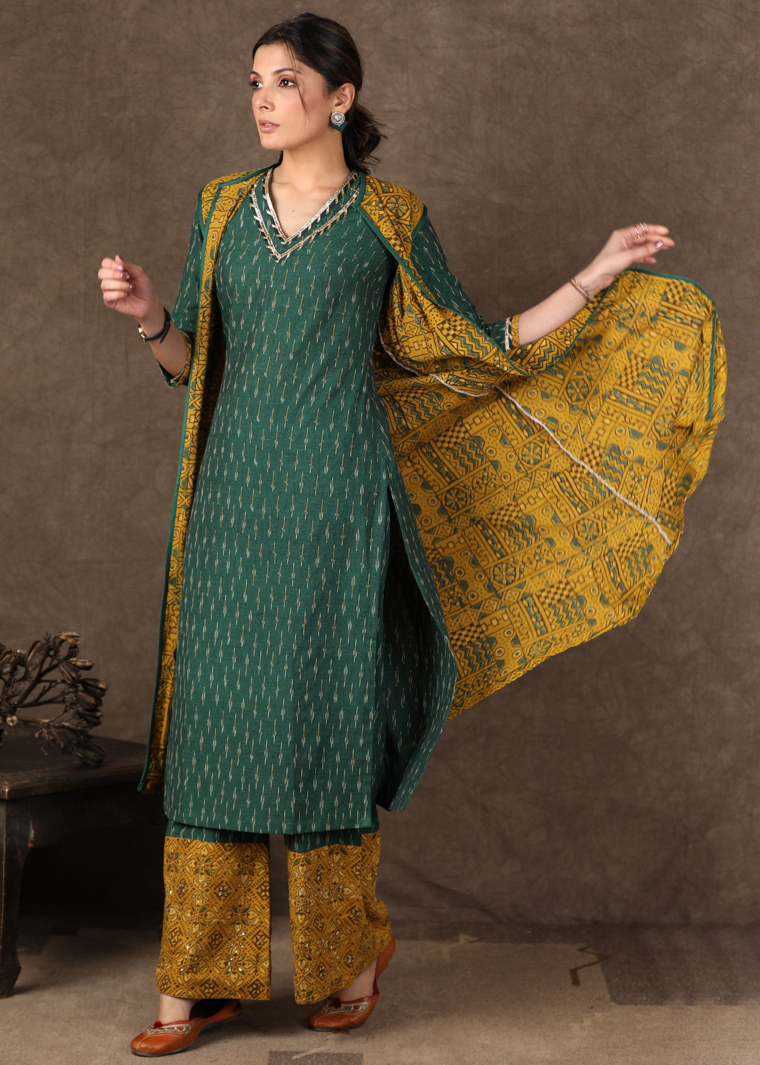 Green Ikat Kurta with Gota Patti Work, Matching Palazzo With Stone Work & Long Ajrakh Shrug- 3 Piece