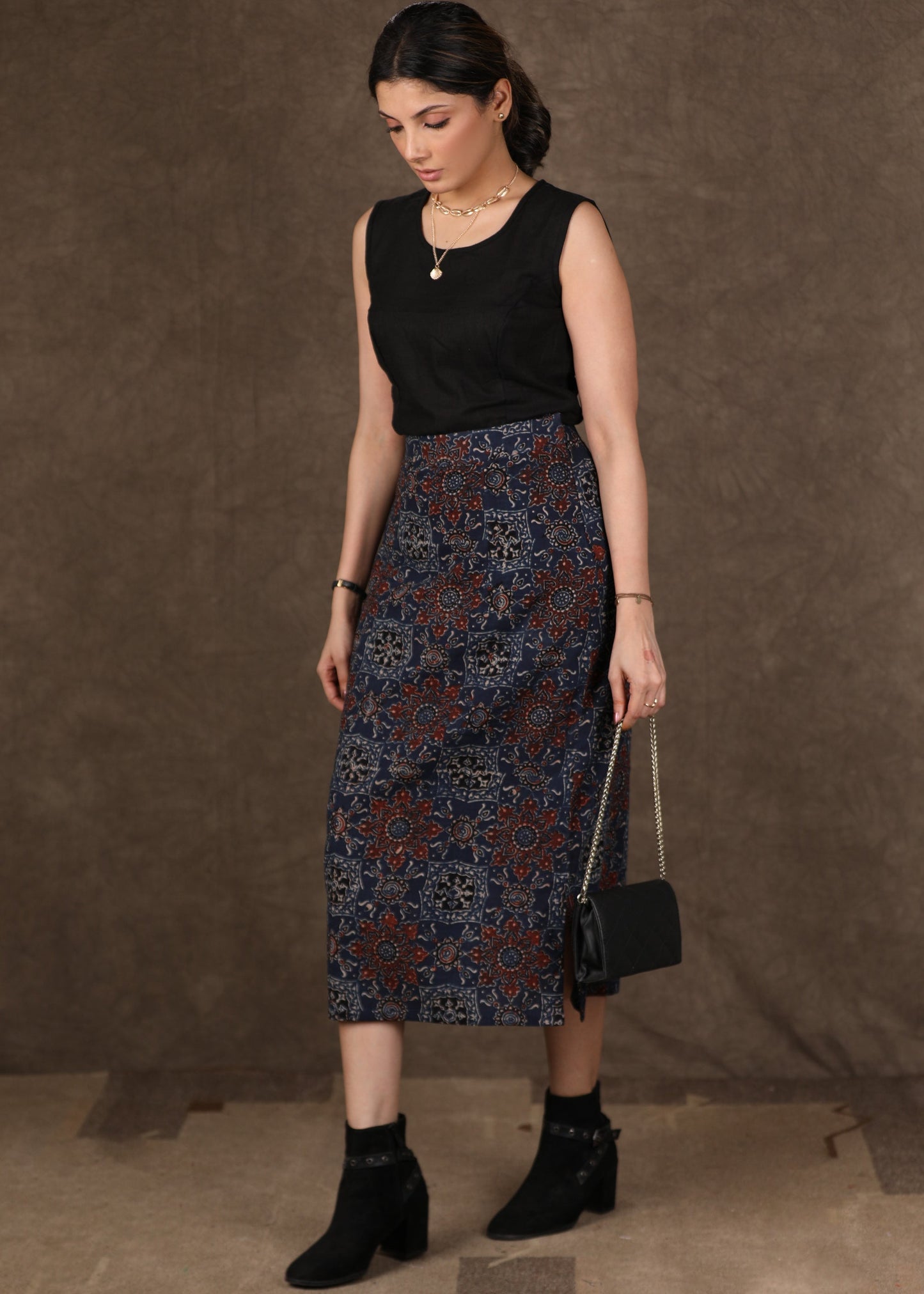 Chique Maroon Ajrakh Long Shrug with Fitted Skirt and Inner - 3 Piece (Shrug, Inner & Fitted Skirt Set)