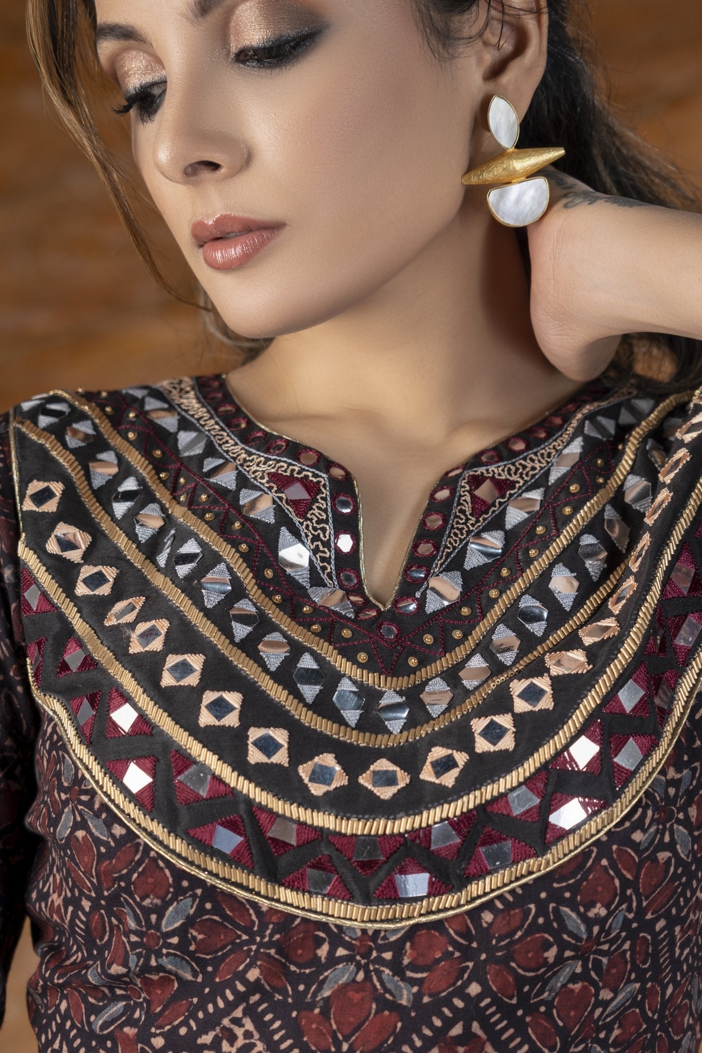 Exclusive black Ajrakh Kurta & pant set with heavy hand embroidery - Dupatta optional.