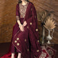 Exclusive wine colored cotton Kurta with brocade yoke & embroidered cotton pants - Dupatta optional.