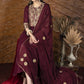 Exclusive wine colored cotton Kurta with brocade yoke & embroidered cotton pants - Dupatta optional.