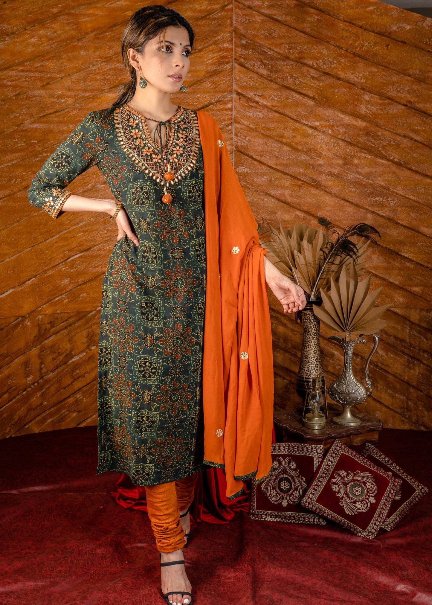 Exclusive hand embroidered Ajrakh block printed kurta & pant set - Dupatta optional.