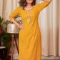 Mustard Cotton Handloom Straight Cut Kurta with Beautiful Hand Mirror work, Combination Pant & Dupatta - 3 Piece