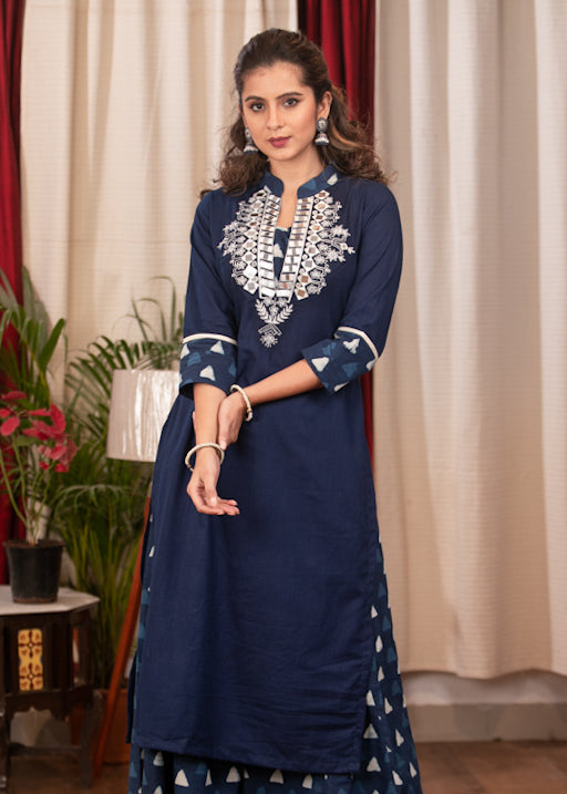 Very Fine Hand made Mirror Embroidery on Blue and Indigo Cotton Straight Cut Kurta
