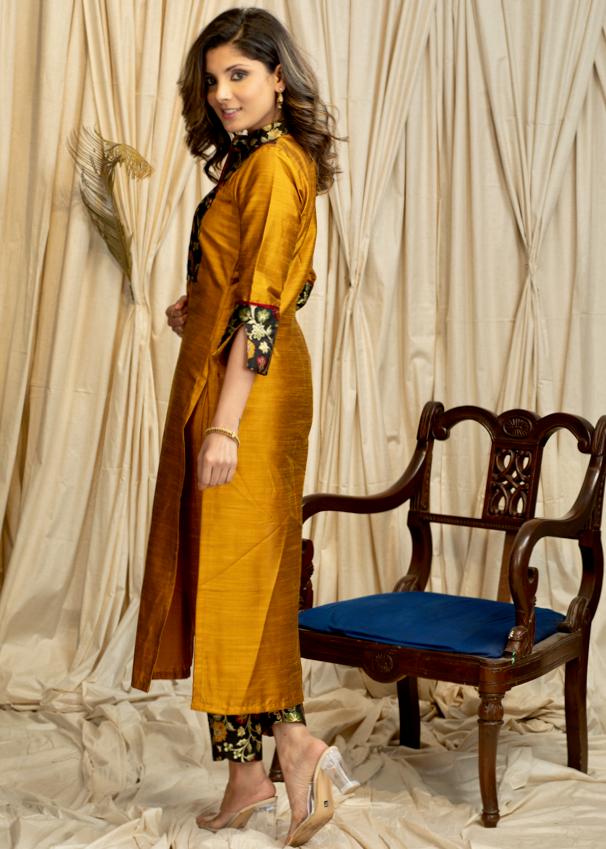 Straight Cut  Mustard  Cotton Silk  Banarasi Yoke Kurta, Banarasi Border Pant and Chanderi Dupatta - 3 piece set