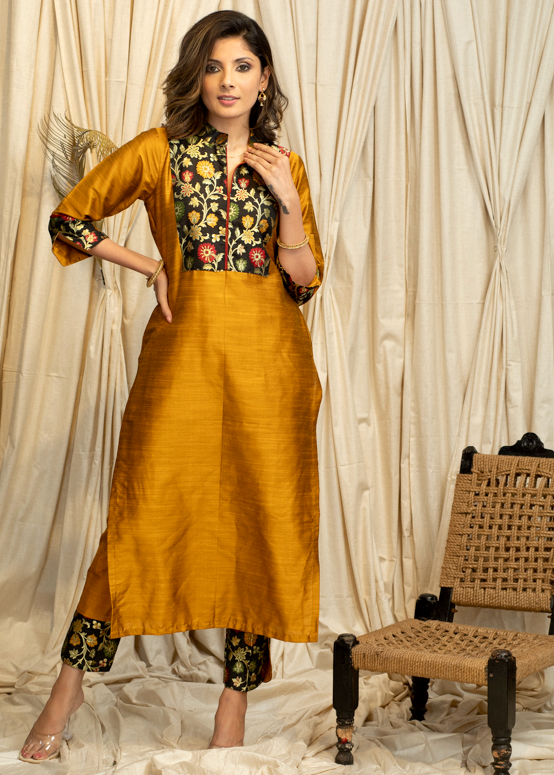 Straight Cut  Mustard  Cotton Silk  Banarasi Yoke Kurta, Banarasi Border Pant and Chanderi Dupatta - 3 piece set