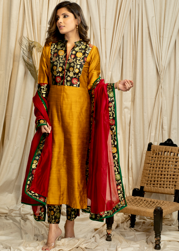 Straight Cut  Mustard  Cotton Silk  Banarasi Yoke Kurta, Banarasi Border Pant and Chanderi Dupatta - 3 piece set