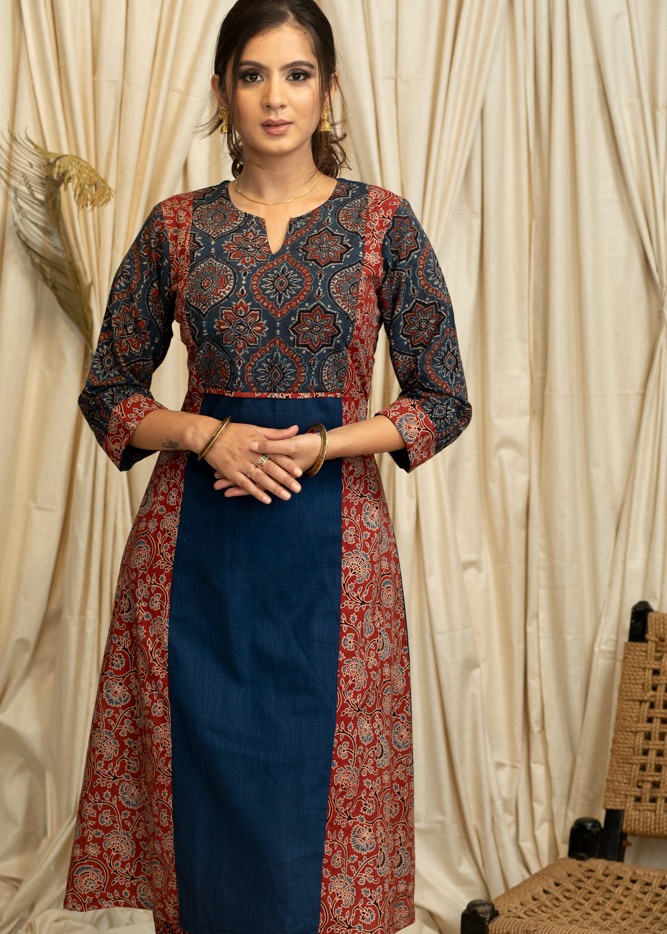 A- Line Cotton Ajrakh Combination Kurta