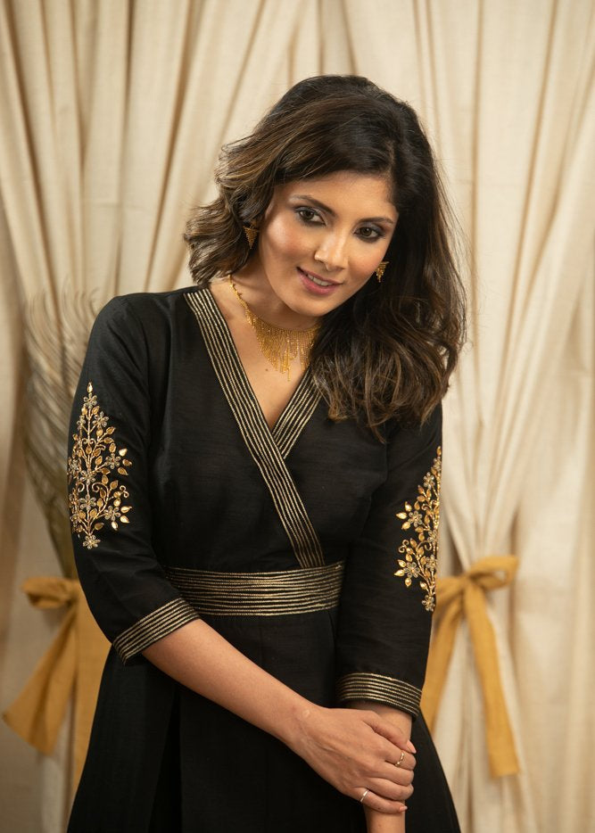 Exclusive black dress with Zardosi hand embroidery on sleeves