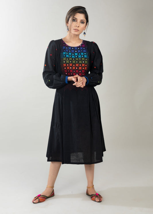 Black cotton dress with mirror embroidery on yoke
