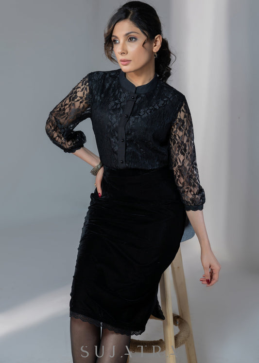 Exclusive evening wear black velvet skirt