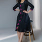 Beautiful black cotton silk A-line dress with magenta embroidery