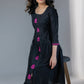 Beautiful black cotton silk A-line dress with magenta embroidery