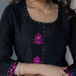 Beautiful black cotton silk A-line dress with magenta embroidery