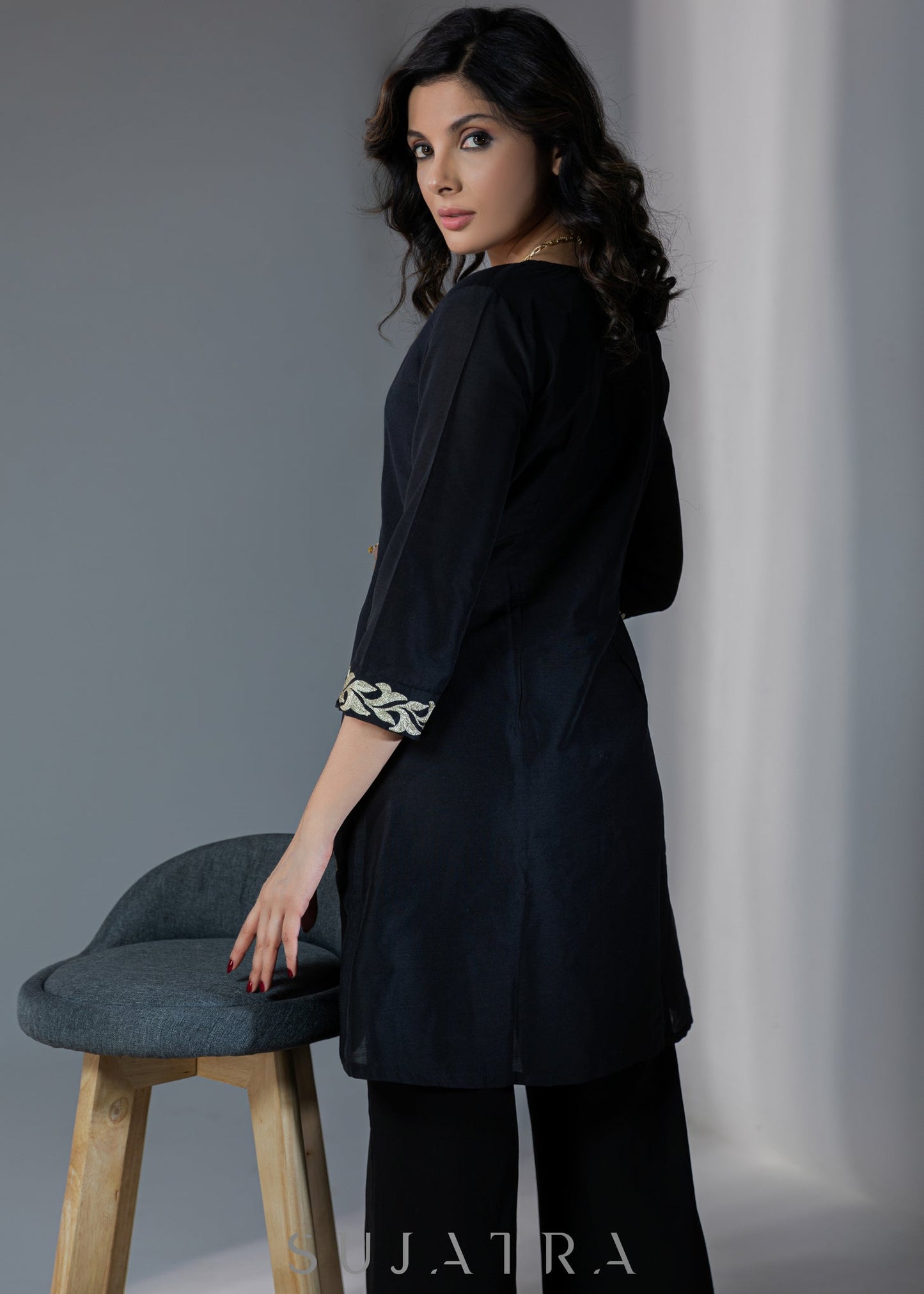 Exclusive black cotton silk dress with golden floral patchwork