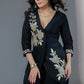 Exclusive black cotton silk dress with golden floral patchwork