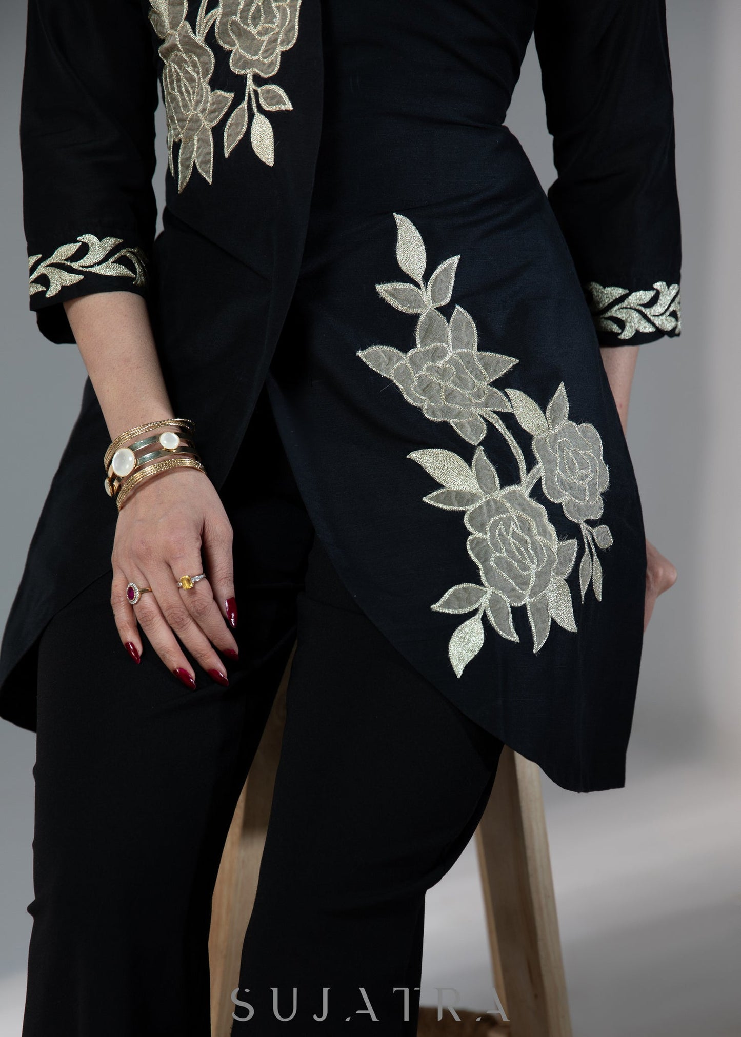 Exclusive black cotton silk dress with golden floral patchwork