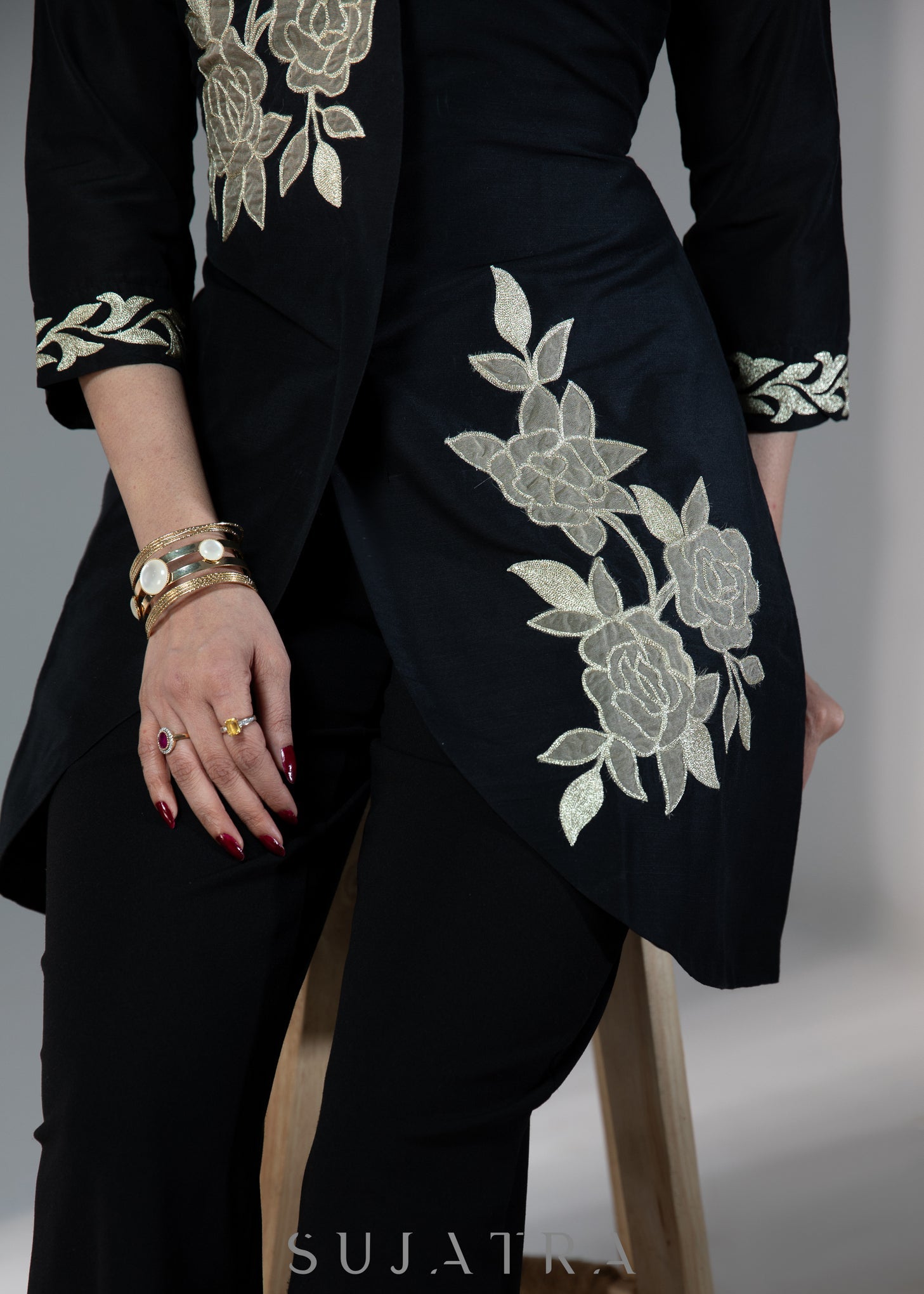 Exclusive black cotton silk dress with golden floral patchwork