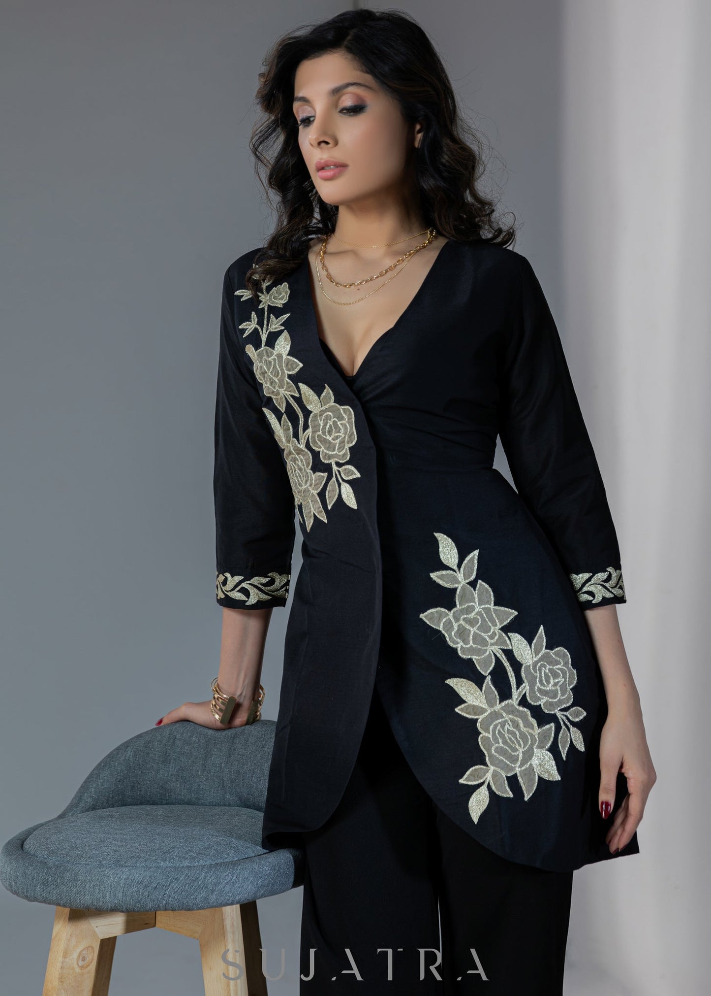 Exclusive black cotton silk dress with golden floral patchwork