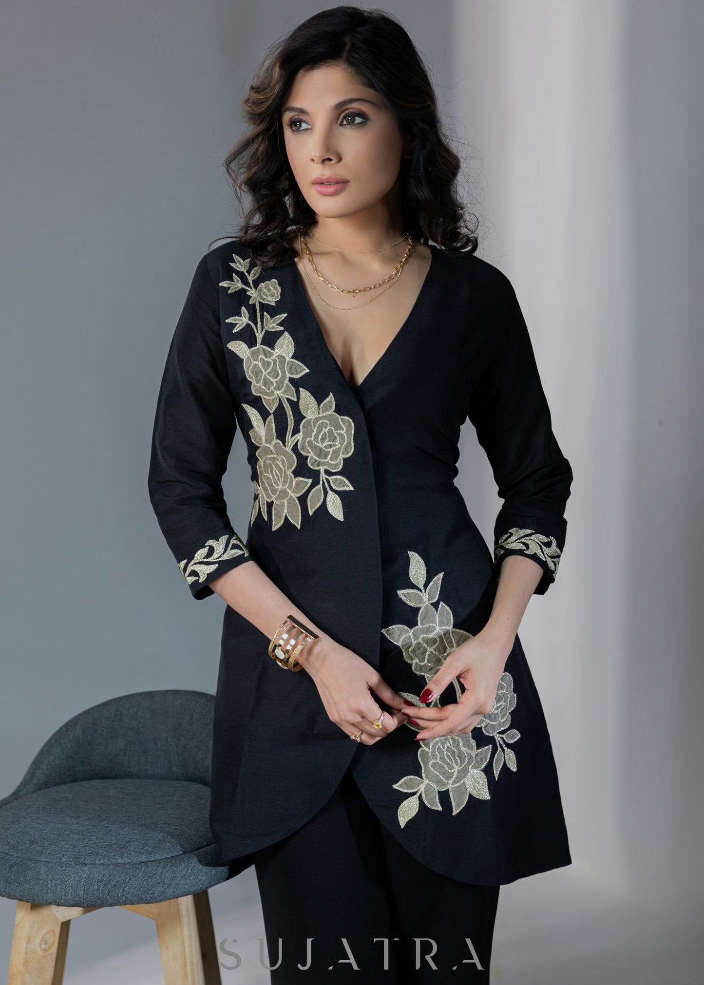 Exclusive black cotton silk dress with golden floral patchwork